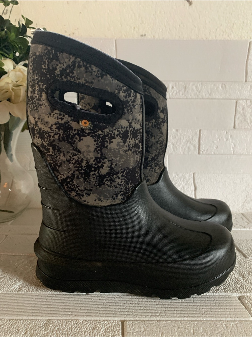 Bogs Kids Black and Gray Camouflage Rain & Snow Boots